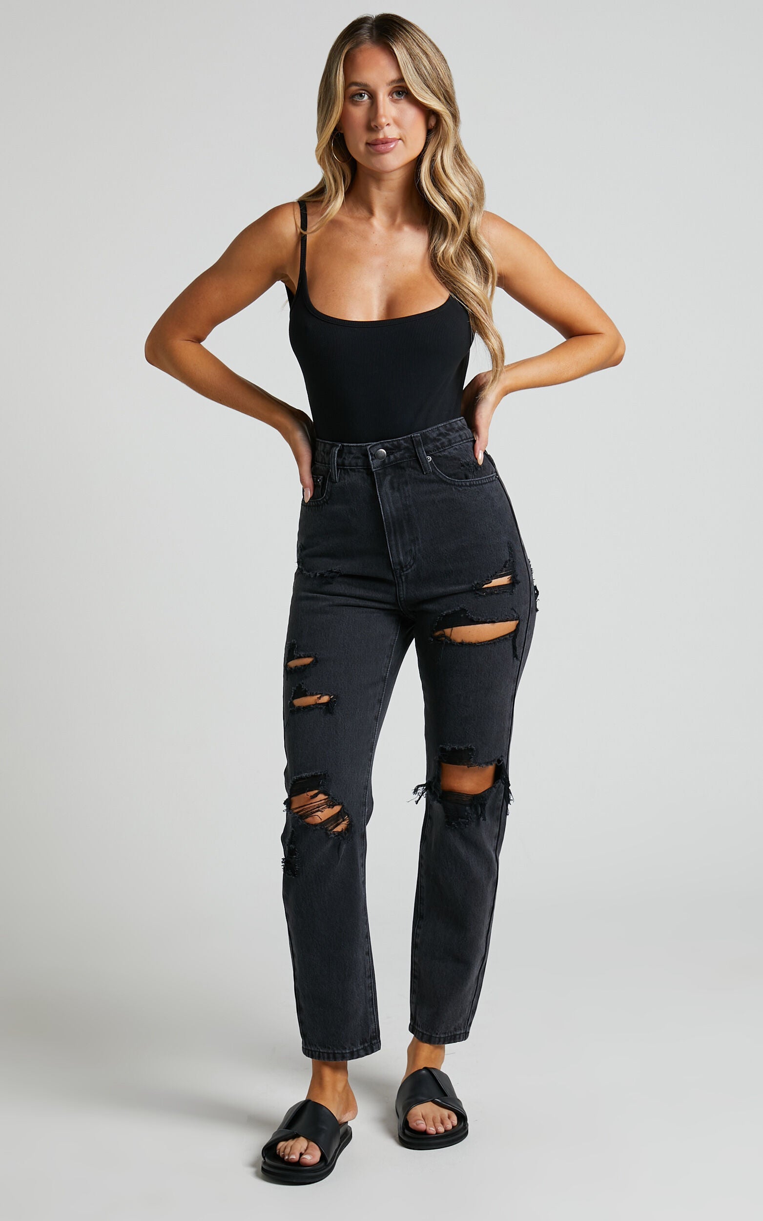 Billie Jeans - High Waisted Cotton Distressed Mom Denim Jeans in Black Wash