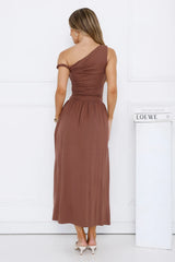 Coastal Daydream Off Shoulder Midi Dress Brown